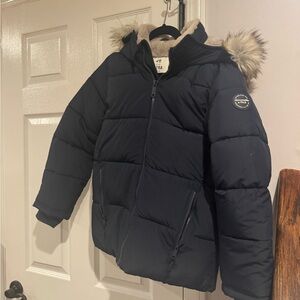Abercrombie & Fitch Kids Dark Blue Puffer Jacket with Faux Fur Hood